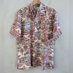 Reyn Spooner Hawaiian Shirt Beach Surf Cars Reverse Print Red Men's Size XL